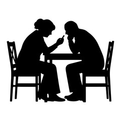 Elderly couple reviewing medical documents at table, retirement financial planning silhouette isolated on white