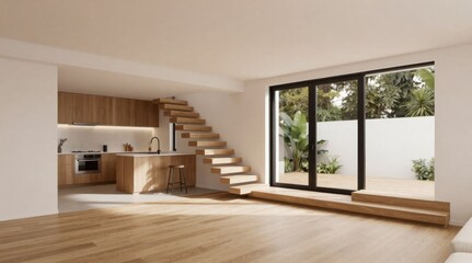 Fototapeta premium Modern Open Plan Living Space with Kitchen, Floating Stairs, and Outdoor Patio View