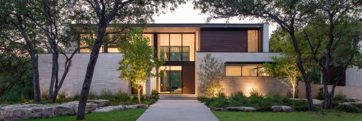 Obraz premium Modern two-story house with large windows and landscaped garden at sunset