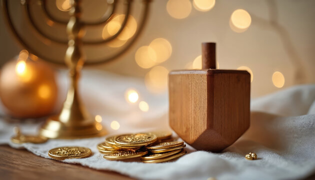 Golden menorah and wooden dreidel sit with gelt coins on festive background. Traditional Jewish holiday game and celebration items create warm joyful atmosphere.