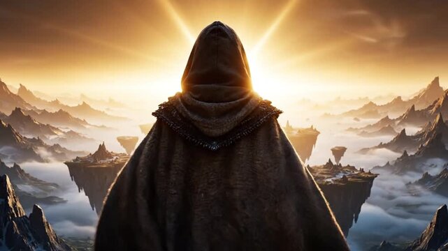 Lone Traveler Silhouette Facing Golden Horizon, Cinematic Fantasy