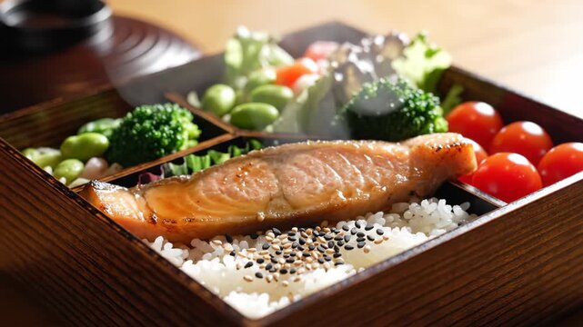 A close-up overhead view of a traditional Japanese bento box featuring a perfectly grilled salmon fillet served atop white rice, accompanied by steamed broccoli, cherry tomatoes, edamame, and lettuce.