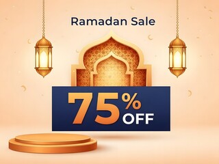 Ramadan sale advertisement with 75% off discount and traditional lanterns