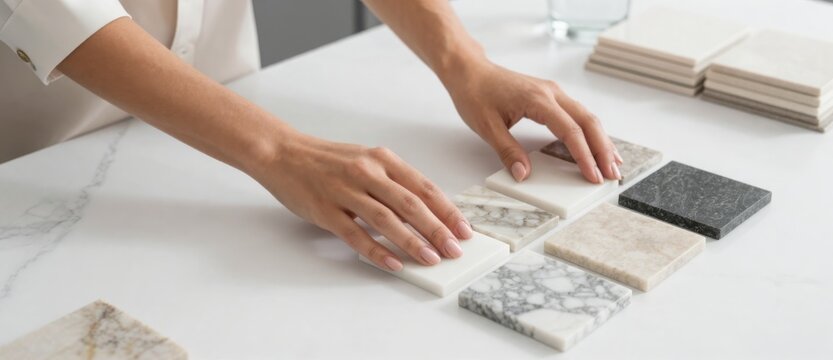 Woman selecting countertop material samples for kitchen remodel project, interior design planning, and home improvement