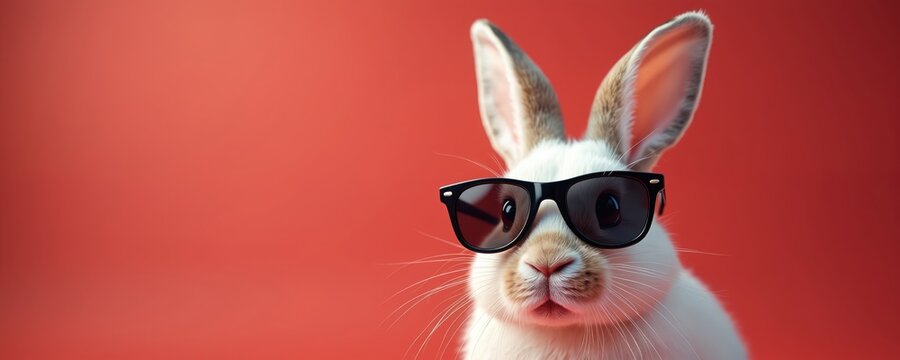 Cute white bunny rabbit wears black sunglasses on red backdrop. This cool pet is ready for spring holidays. Great for easter or summer themes.