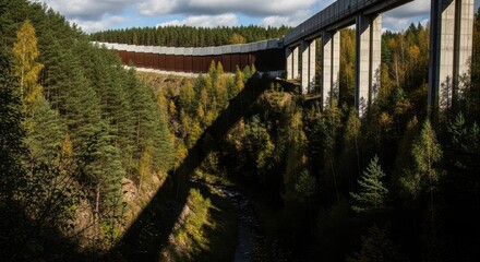 Fototapeta premium Tall concrete viaduct of highway over forest valley with stream. Modern infrastructure in nature for travel and transportation.