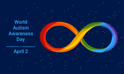 World Autism Awareness Day horizontal banner. Rainbow infinity symbol on dark background. Neurodiversity concept. Bright flat illustration for April 2 awareness campaigns.