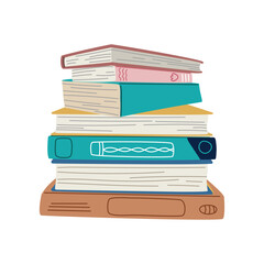 Stack of colorful books illustration. Hand drawn library or school books isolated on white. Education and reading concept. Bright flat vector for bookstore, library, and back to school designs