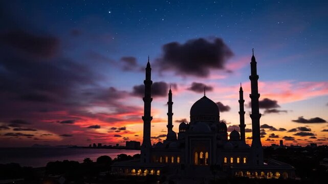 Silhouette of a religious structure against a sunset sky with golden clouds
