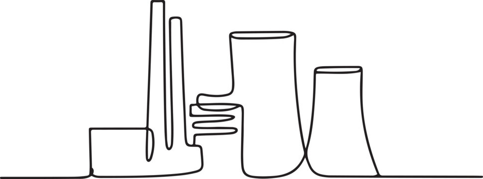 Continuous one line drawing of industrial power plant. Power plant, factory building.one line victor illustration in white Background