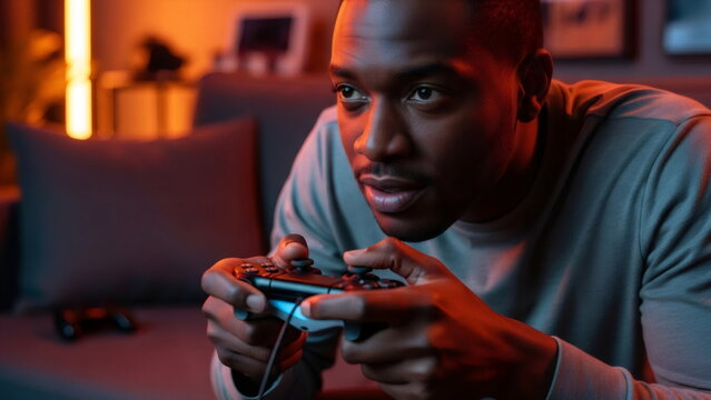Young african american man playing video game with console controller at home. Entertainment technology for active leisure, esports concept.