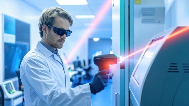 A scientist in a lab coat aims a laser scanner, wearing protective eyewear at an interface