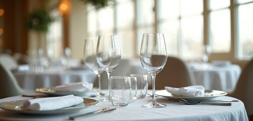 Fototapeta premium Restaurant table set with white linens and glassware. Plates and cutlery are arranged. Empty chairs around the table await guests for fine dining experience.