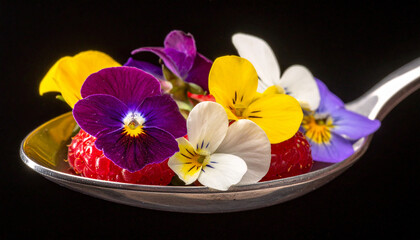 Spoonful of mixed berries with edible flower petals, extreme macro close up