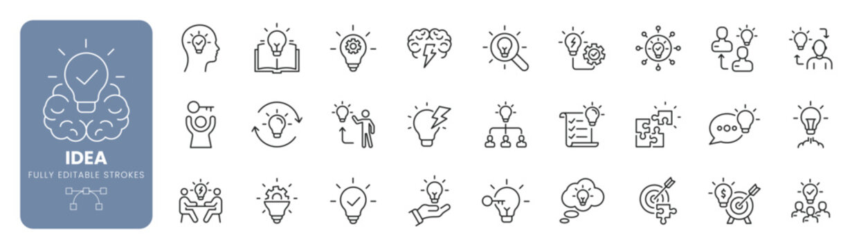 Idea and innovation web line icon set with creativity brainstorming strategy leadership and business development concepts. Editable stroke