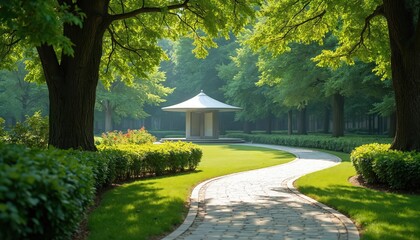 Obraz premium Curved stone pathway leads through sunlit park grounds with manicured hedges and large trees. A modern gazebo stands beyond manicured lawn and flower beds.