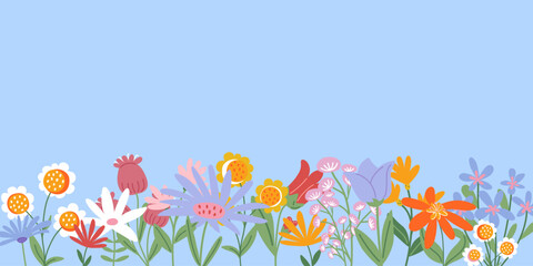 Spring flowers horizontal banner. Colorful wild blossoms on light blue sky background. Floral border for summer sale, wedding invite, or header. Bright flat vector illustration with copy space