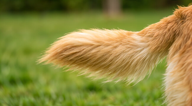 Close-up of a blurred golden dog tail wagging in a lush green outdoor setting with shallow depth of field.