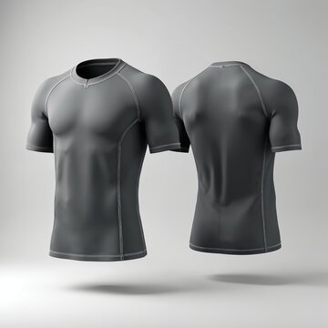 Grey short sleeve rash guard shown from front and back. Athletic apparel suitable for sports and water activities. Offers sun protection garment.
