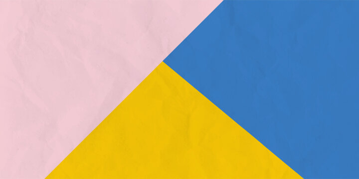 Repare concept. Tricolor blue, yellow, pink background with three colors paint cans. Flat lay, top view, copy space.