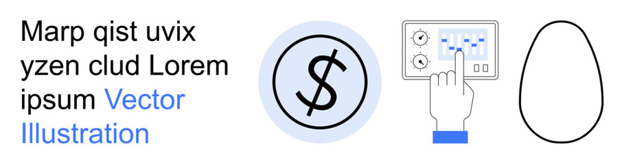 Obraz premium Financial analysis, digital interfaces, economics, monetary growth, budget applications, design elements. Dollar sign, hand pointing at interface simple outline of an egg. Financial analysis