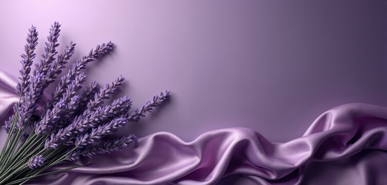 Bouquet of lavender flowers rests on smooth lilac fabric with soft gradient background. Elegant composition for beauty and wellness themes. Copy space for text.