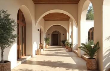 Fototapeta premium Exterior walkway features arched openings and potted plants. Natural light casts shadows on neutral toned tiled floor. Warm inviting architectural space.
