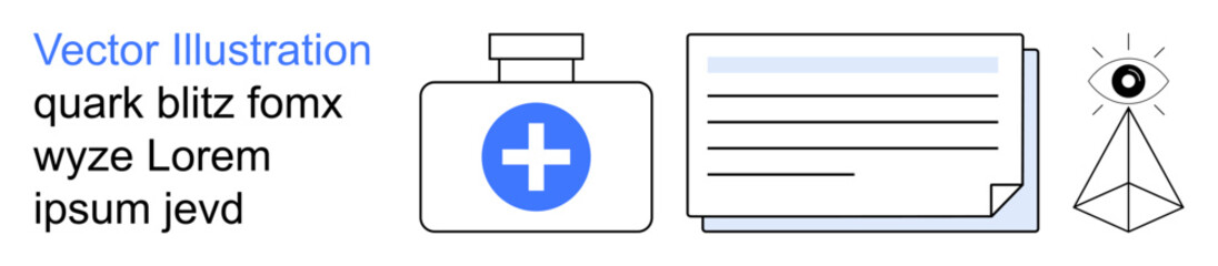 Fototapeta premium Healthcare, medical documentation, awareness, data storage, symbolism, futuristic design. Cross-mark medicine bottle, document sheet pyramid with an eye. Healthcare and medical documentation concept