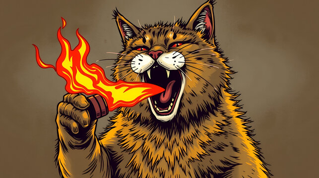 The Hangover cat spitting fire. grunge, animals. Illustrations