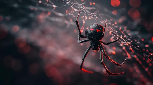 Black widow spider weaving a web with dew drops in a dark, misty atmosphere