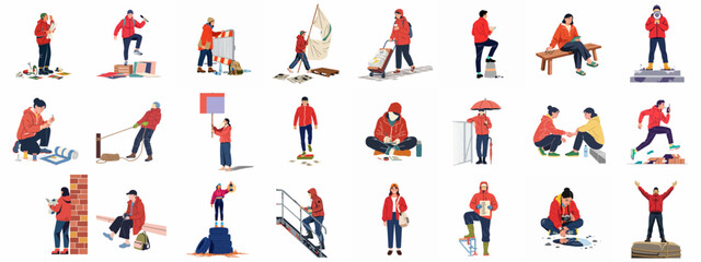Diverse vector illustrations of activists, protestors, reporters, and citizens engaging in community organization, social action, reporting, and urban life activities. © Sabiqul