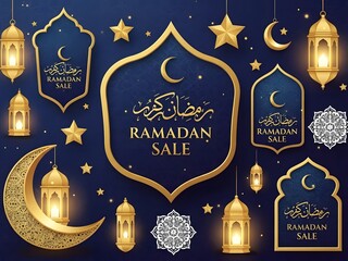 Vibrant ramadan sale poster with traditional islamic symbols and lanterns