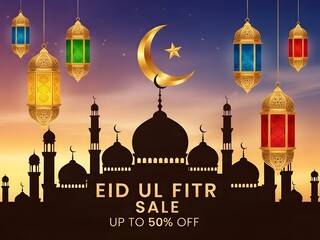 Eid ul fitr sale with up to 50 percent off and colorful lanterns