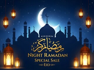 Night ramadan special sale with moon and lanterns in the background