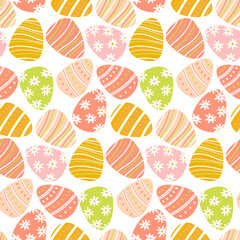 Cute Easter eggs seamless pattern. Colorful painted eggs with floral and striped ornaments. Bright spring background for festive gift wrap, textile, and greeting cards. Flat illustration