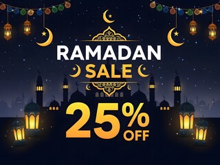 Ramadan sale advertisement featuring mosques and lanterns with a 25 percent discount offer