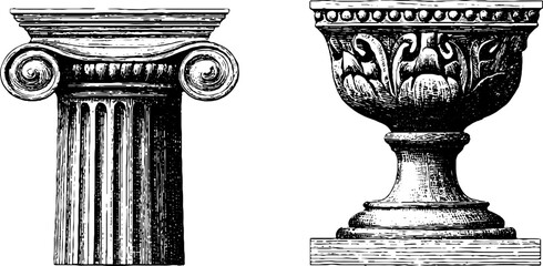Obraz premium Vintage architectural elements collection: doric column and base in engraved style for design projects