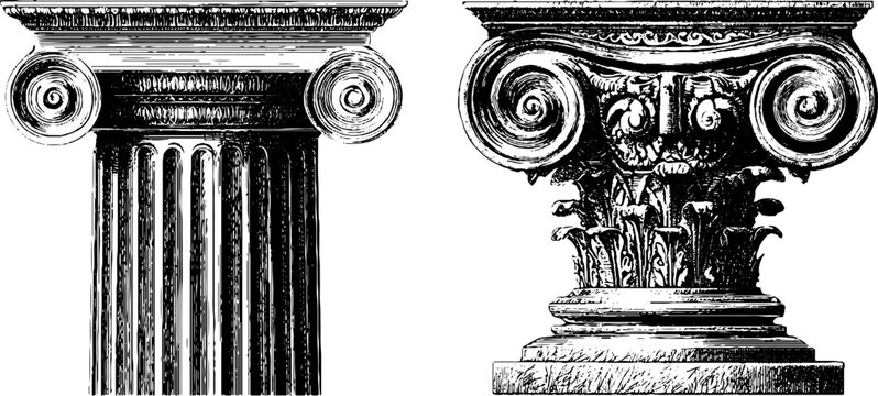 Classic architectural elements: engraved doric column with base and capital sketch