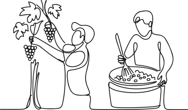 Winemaker harvesting grapes and making wine. Drawn winemaker stirring wine raw materials in a fermentation tank.one line victor illustration in white Background