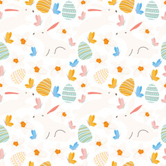 Easter seamless pattern. Cute white bunnies, colorful eggs, butterflies, and narcissus flowers. Festive spring background for nursery textile and gift wrap. Bright flat vector illustration.