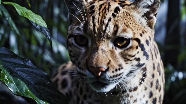 Ocelot wild cat peeking through green jungle leaves