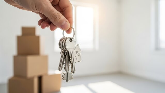 New homeowner holding silver keys in front of stacked moving boxes, perfect for mortgage advertisements and housing market articles.