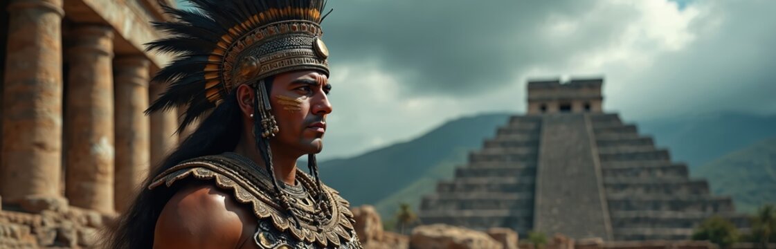 Man in feathered headdress stands near stone pyramid and columns. This image depicts ancient civilization ruins and traditional attire, evoking history and culture.