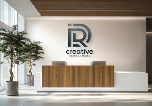 Logo On Reception Room Desk Company Wall Mockup