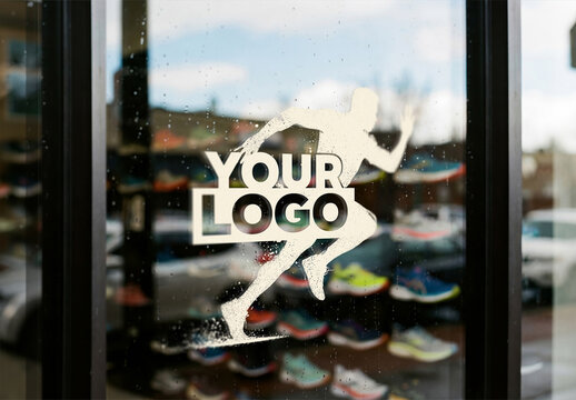 Logo Close-up on a Window Glass of a Running Store Mockup