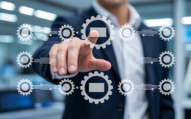 Obraz premium Businessman's hand interacting with a digital interface of gears and rectangular icons