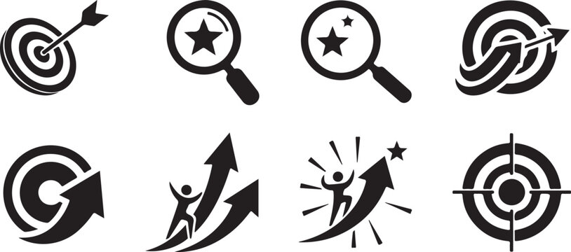 Business strategy and goal achievement icons in black and white