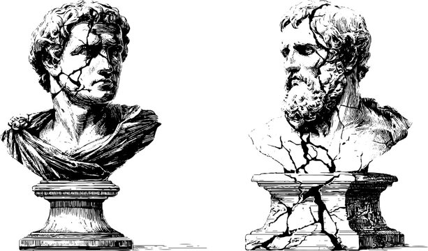 Vintage marble busts and pedestal engravings for retro design projects