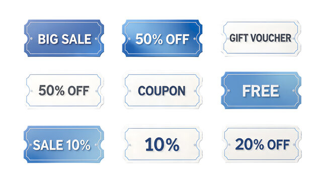 Blue Sale Badge and Discount Label Collection with Big Sale 50 Percent Off Coupon Free and Gift Voucher Buttons, Modern E Commerce Promotional UI Tags Isolated on Transparent Background