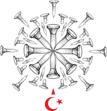 Circular arrangement of thumbtacks and a Turkish crescent moon and star symbol, representing national pride and security